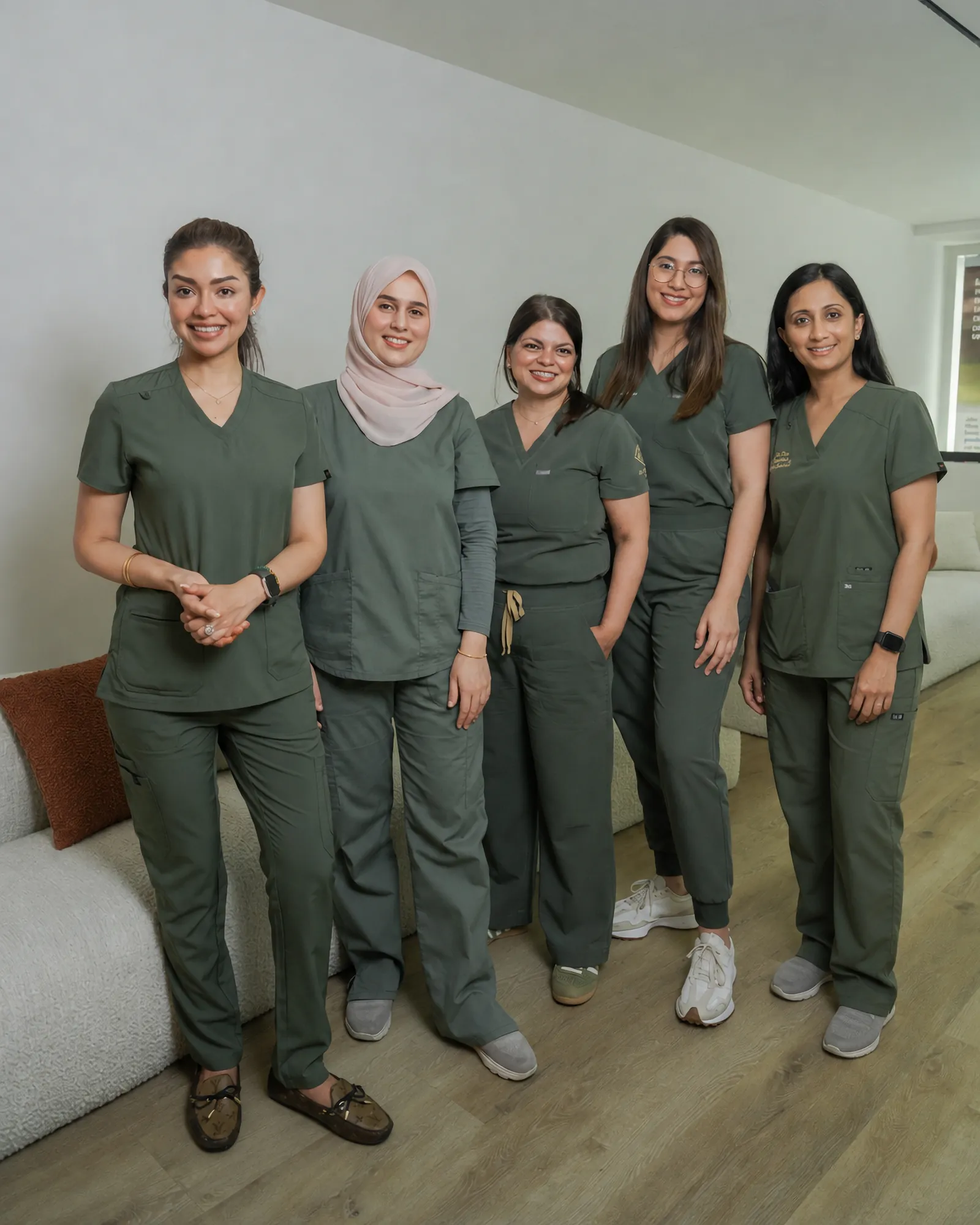 Dr Urmi Mazumder, Dr Khadeeja Awan, Dr Shaista Siddiqui, Dr Samra Khalid and Dr Tina Hirani in the Hey Dental lounge in JLT